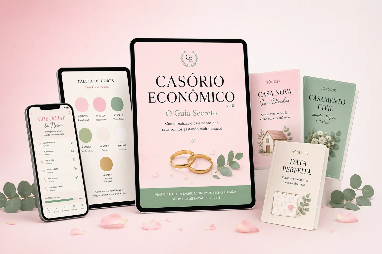 Mockup do ebook Casório Econômico v.1.0 com todos os bônus